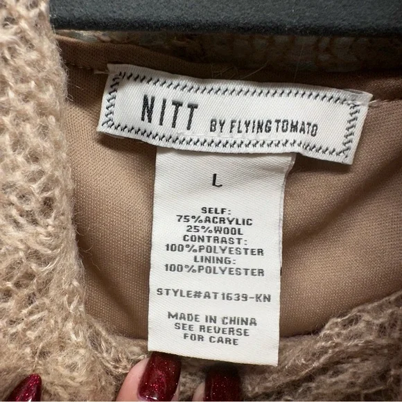 NITT By Flying Tomato Boho Crochet Lace Cowl Neck Tunic Sweater Lined Tan Large - Picture 6 of 11